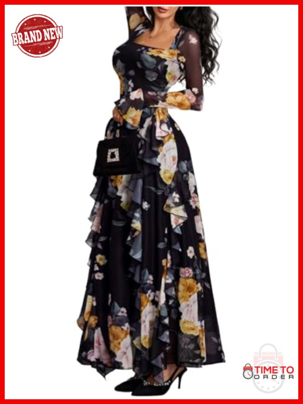 Women's Floral A-Line Maxi Dress Square Neck Sheer Mesh Long Sleeve Formal